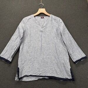UNTUCKit Tunic Womens 16 Light Blue 100% Linen V-Neck 3/4 Sleeve Navy Trim